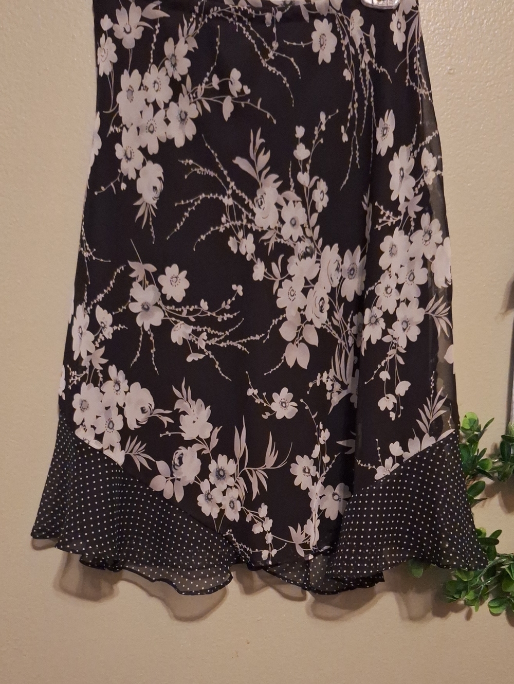 Black Floral A-Line Skirt with Polka Dot Hem No Runs No Pulls Lined